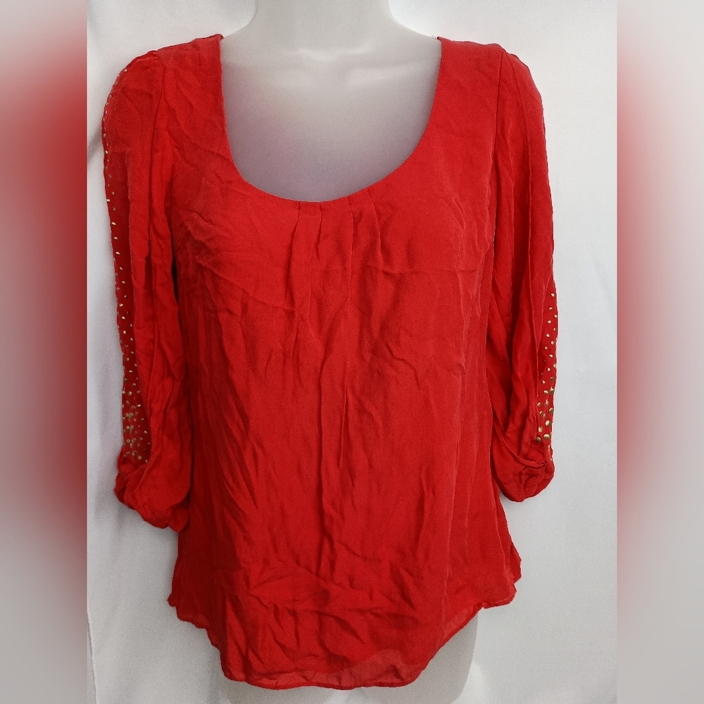 WHITE HOUSE BLACK MARKET Silk‎ Relaxed Red 3/4 Sleeve Gold Stud Blouse (#1,541)
